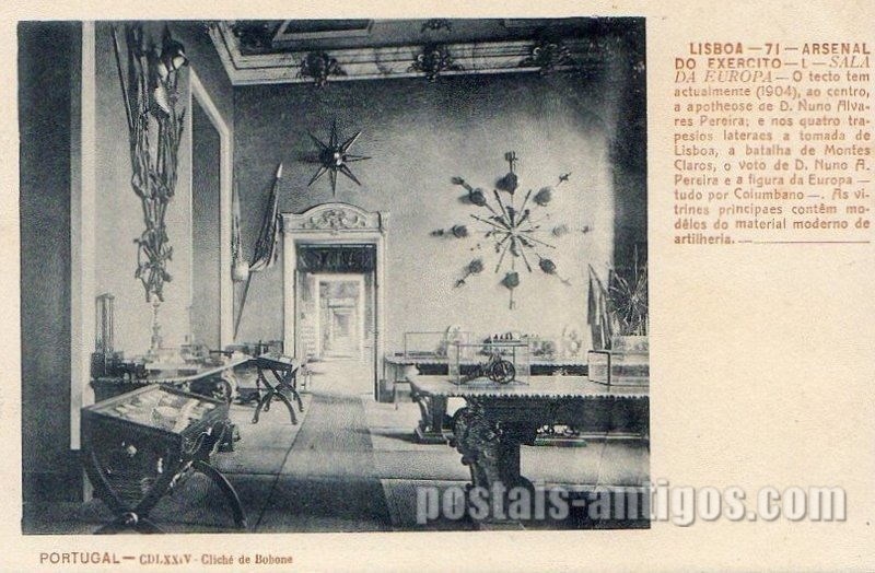 Bilhete postal antigo de Lisboa: ​Arsenal do Exército - Sala da Europa | Portugal em postais antigos