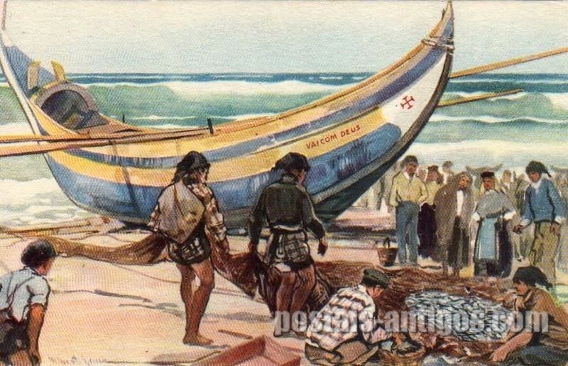 Bilhete postal ilustrado por Alberto Souza: Pesca de sardinha | Portugal em postais-antigos.com