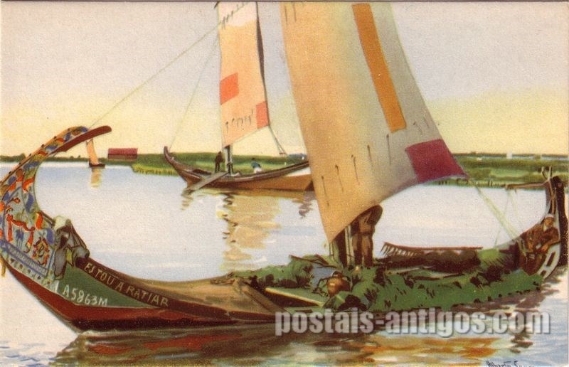 Bilhete postal ilustrado por Alberto Souza: Apenha de Moliço, Ria de Aveiro | Portugal em postais-antigos.com