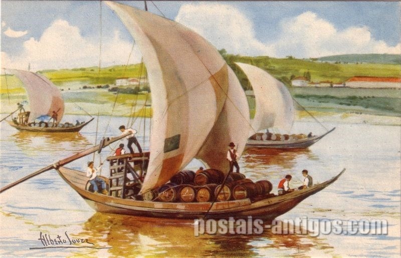 Bilhete postal ilustrado por Alberto Souza: Barcos Rabelos, Rio Douro | Portugal em postais-antigos.com