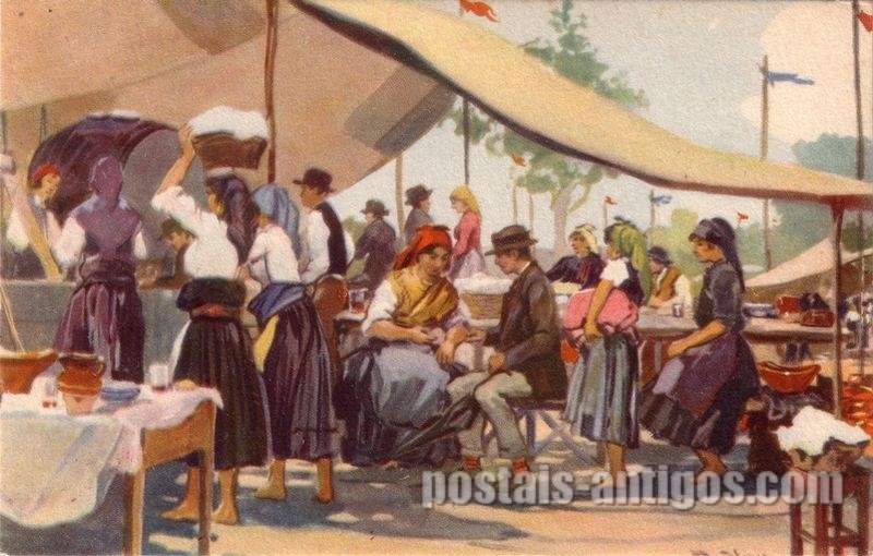 Bilhete postal ilustrado por Alberto Souza: Scena de Romaria | Portugal em postais-antigos.com