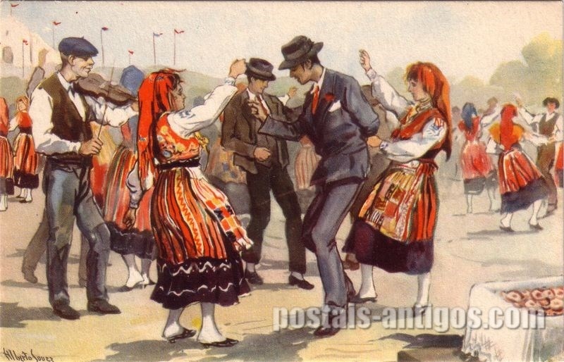 Bilhete postal ilustrado por Alberto Souza: Danças regionais, Minho | Portugal em postais-antigos.com