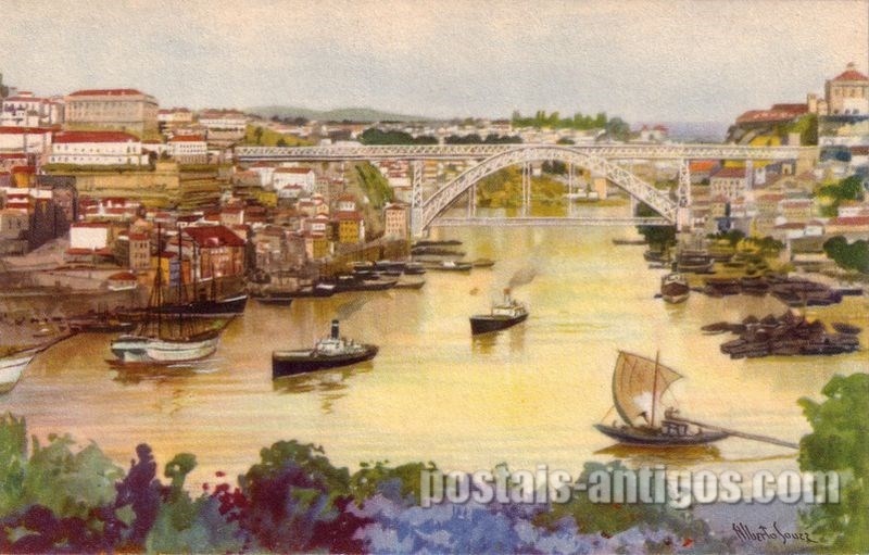 Bilhete postal ilustrado por Alberto Souza: Vista parcial de Porto | Portugal em postais-antigos.com