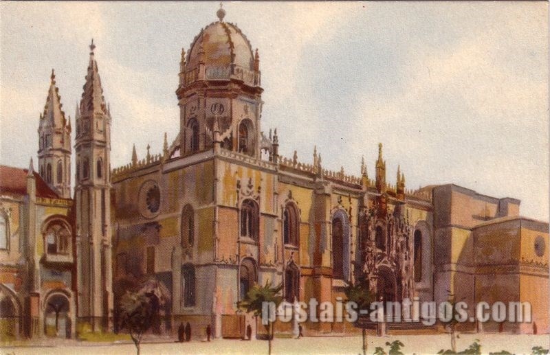 Bilhete postal ilustrado por Alberto Souza: ​Mosteiro dos Jerónimos, Lisboa | Portugal em postais-antigos.com