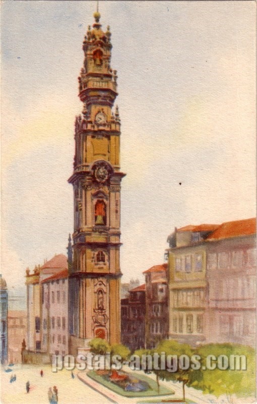 Bilhete postal ilustrado por Alberto Souza: Igreja e ​Torres dos Clerigos, Porto | Portugal em postais-antigos