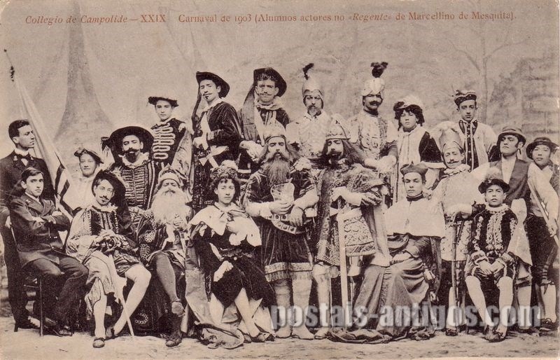 Bilhete postal ilustrado antigo do Colégio de Campolide, Carnaval de 1903 | Portugal em postais antigos