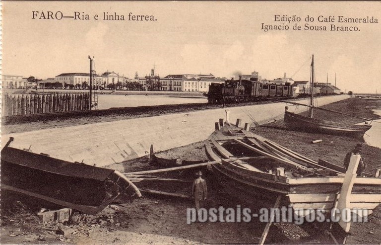 Bilhete postal de Faro: Ria e linha férrea | Portugal em postais antigos