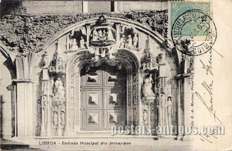 Bilhete postal de Lisboa, Portugal:Portal principal (ocidental) - Igreja de Santa Maria de Belém - Mosteiro dos Jerónimos. 
