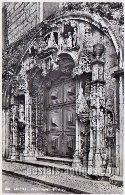 Bilhete postal de Lisboa, Portugal: Pórtico da Igreja de Santa Maria de Belém - Mosteiro dos Jerónimos.