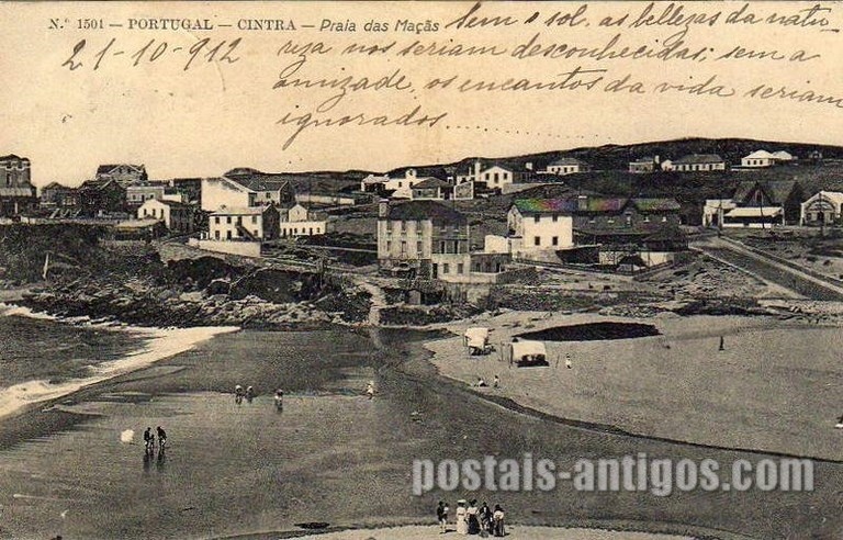 Bilhete postal ilustrado de Colares (Sintra), praia das Maçãs | Portugal em postais antigos 