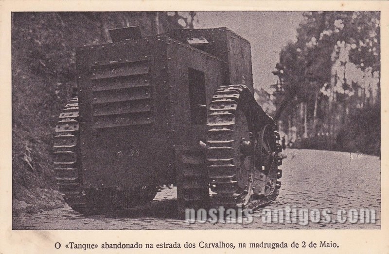 Bilhete postal ilustrado do "Tanque" abandonado na estrada dos Carvalhos, na madrugada de 2 de Maio 1931  | Portugal em postais antigos 