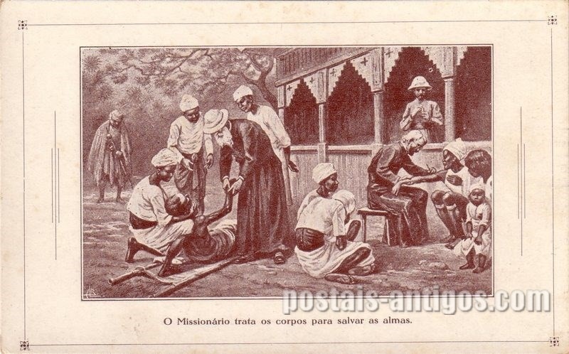 Bilhete postal ilustrado das Missões Cucujães no Ultramar, O Missionário trata os corpos para salvar as almas | Portugal em postais antigos 