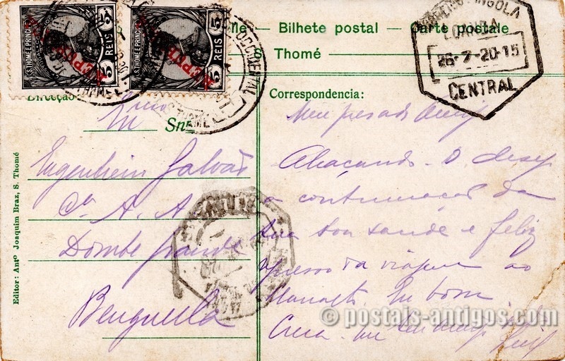 Verso do bilhete postal : São Tomé. Arco na rua Conde Valle Flor à chegada de Sua Alteza o Príncipe Real