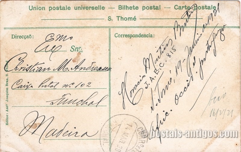 Verso do bilhete postal :  São Tomé. Sua Alteza Real saindo da igreja depois do Te Deum 