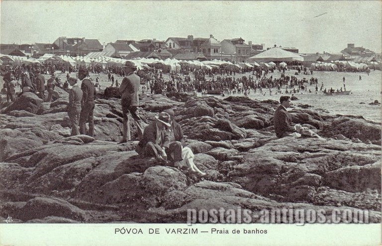 Bilhete postal ilustrado das praias de banhos de  Póvoa de Varzim | Portugal em postais antigos